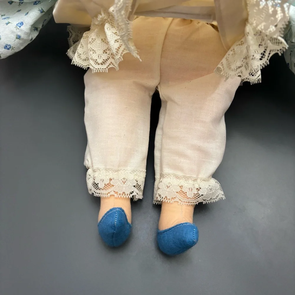 Vintage Handmade Cloth Doll Rag Doll Folk Art Blue Dress Slip Bloomers Yarn Hair